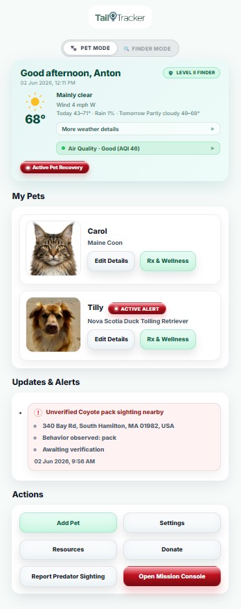 TailTracker mobile dashboard showing an active nearby coyote sighting alert in Pet Safety Radar.