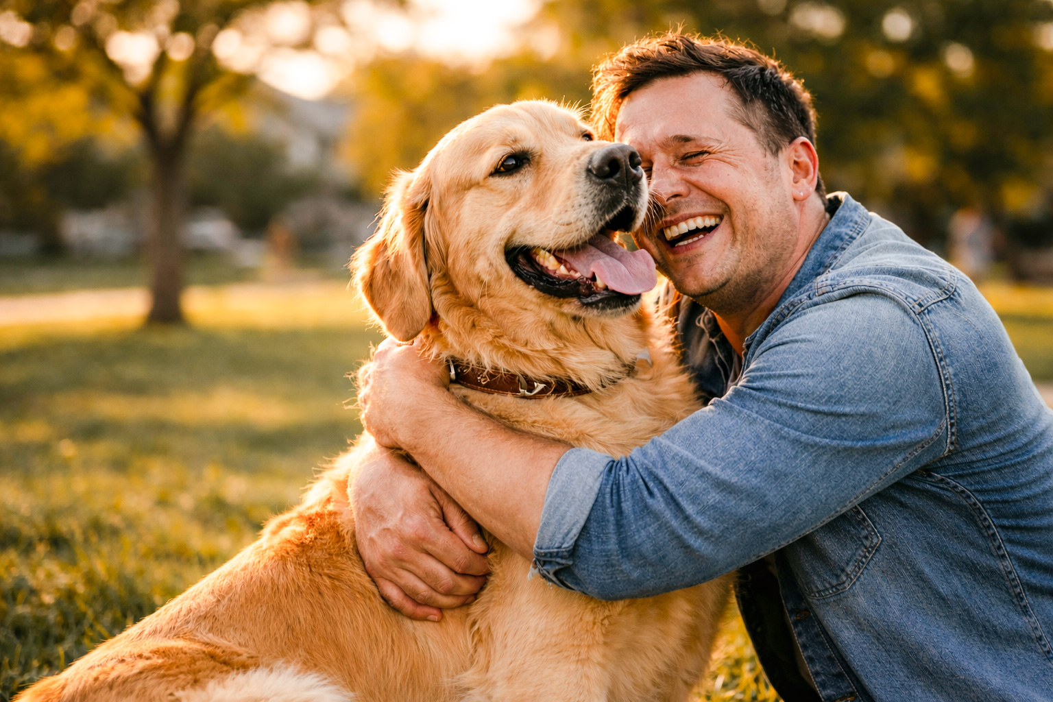 A joyful reunion between a Golden Retriever and his owner after a successful recovery.