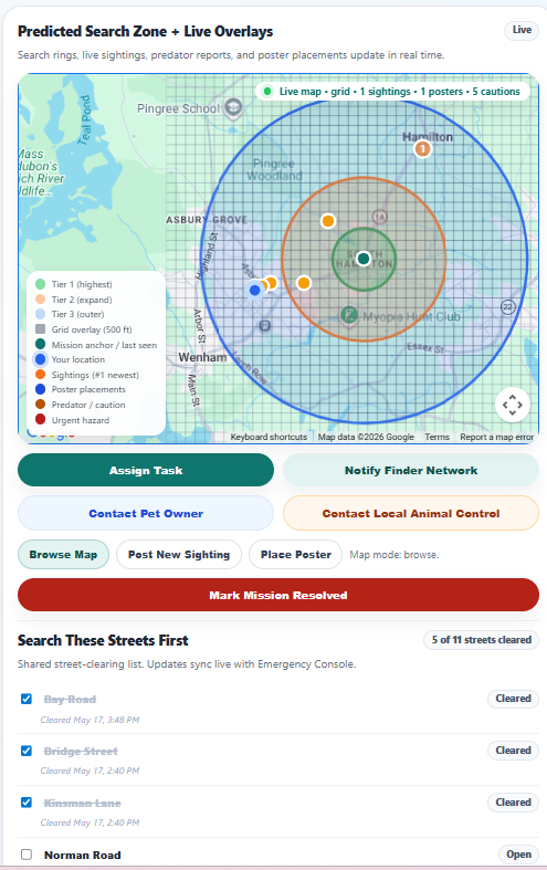 TailTracker active recovery mission interface showing a predicted search zone, live map overlays, mission actions, and street-clearing progress
