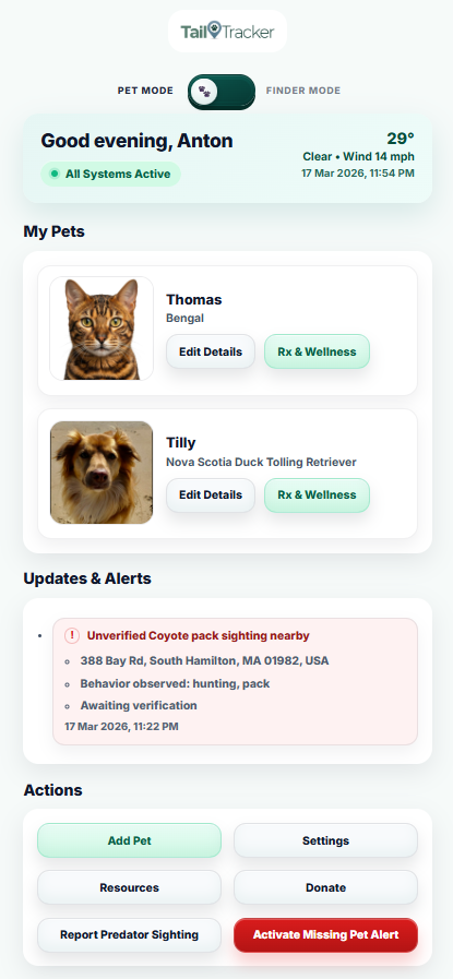 TailTracker pet dashboard showing registered pets, local safety alerts, preparedness tools, and the missing-pet activation action