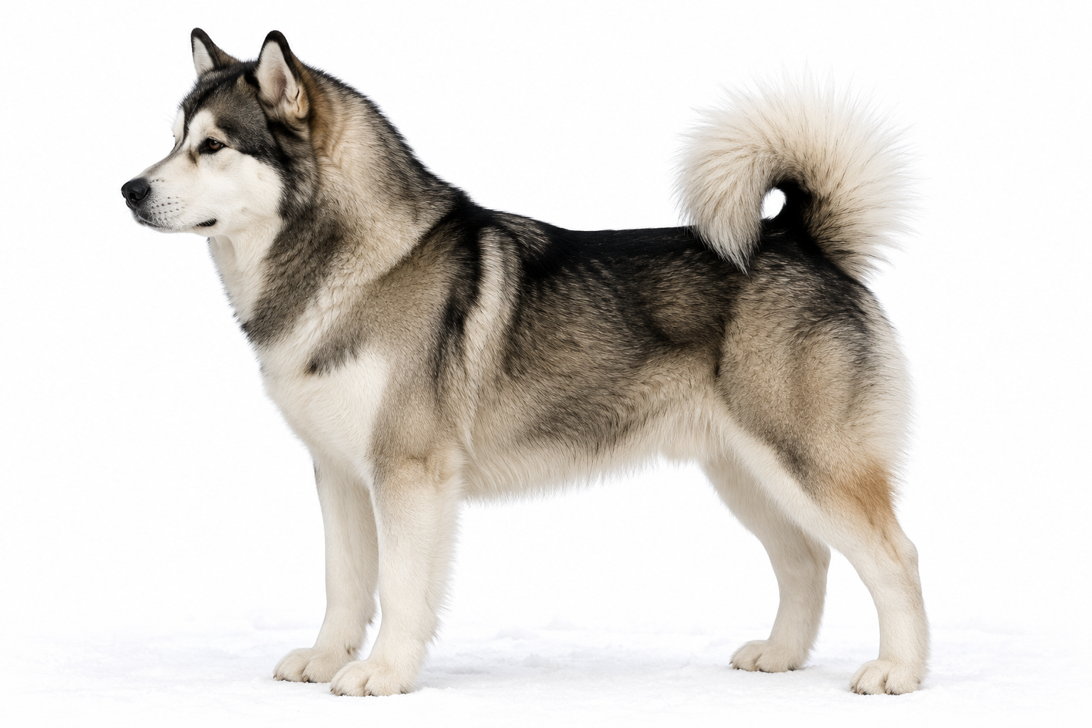 Alaskan Malamute standing in profile with a thick double coat and plumed tail