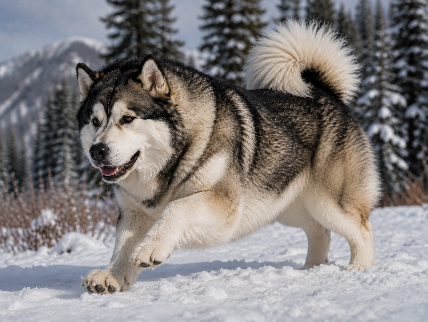 Alaskan Malamute moving outdoors with thick coat and powerful working structure