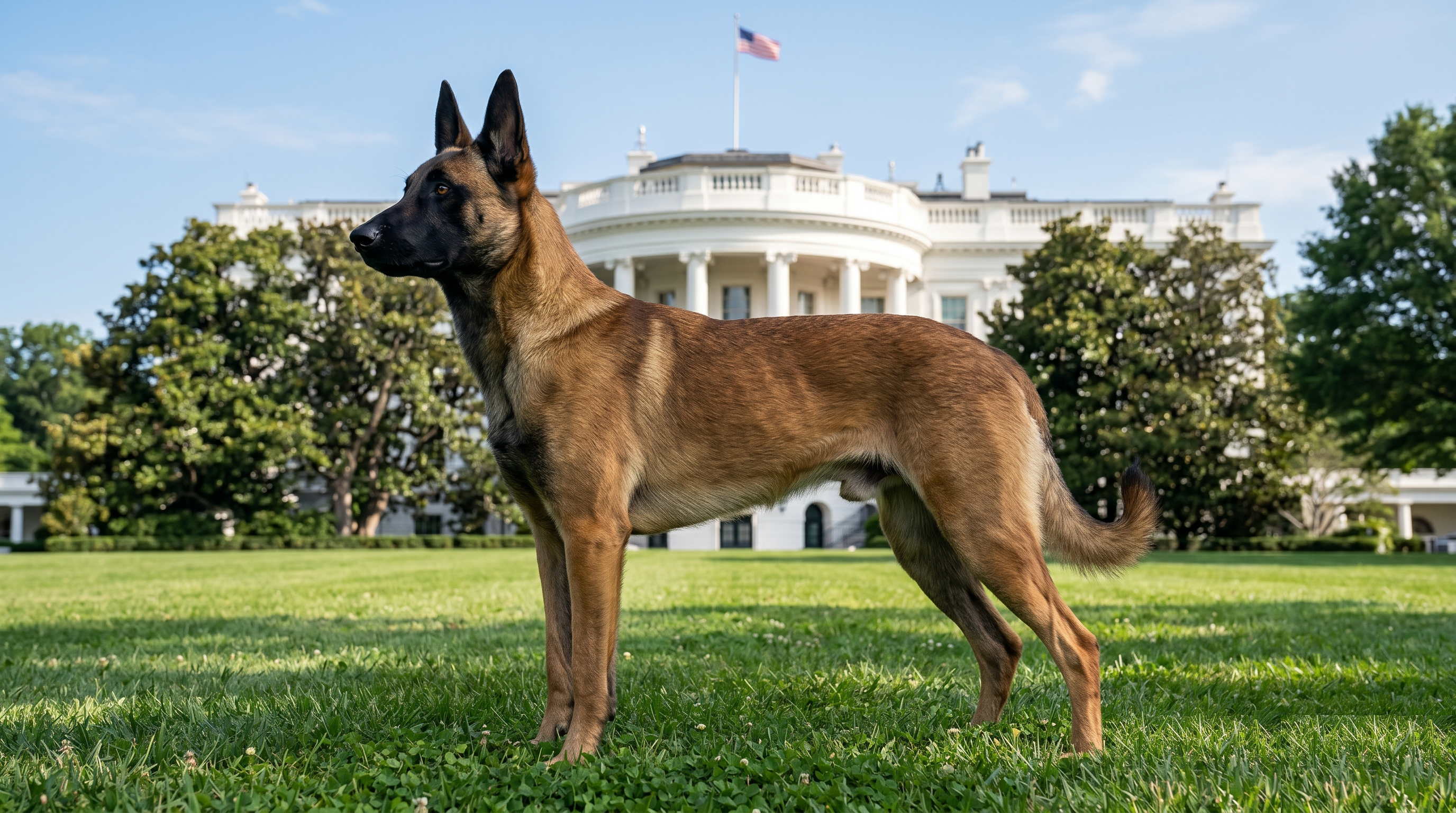 Belgian Malinois standing alert in front of the White House