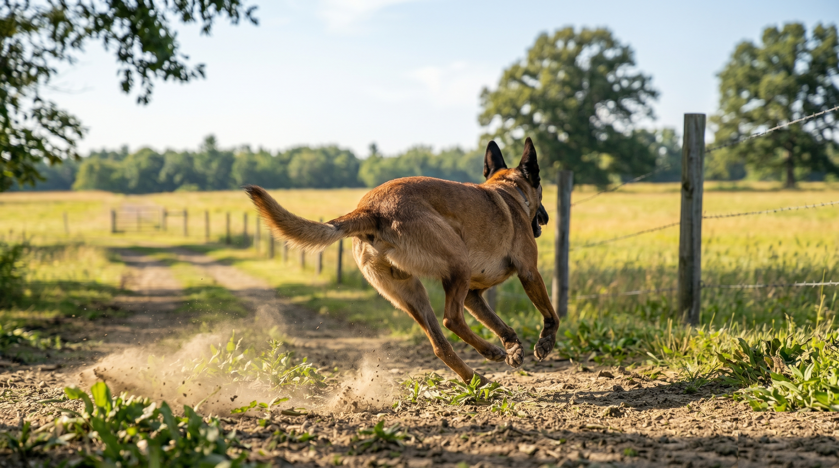 Belgian Malinois running away from the camera down a dirt road along the side of a field