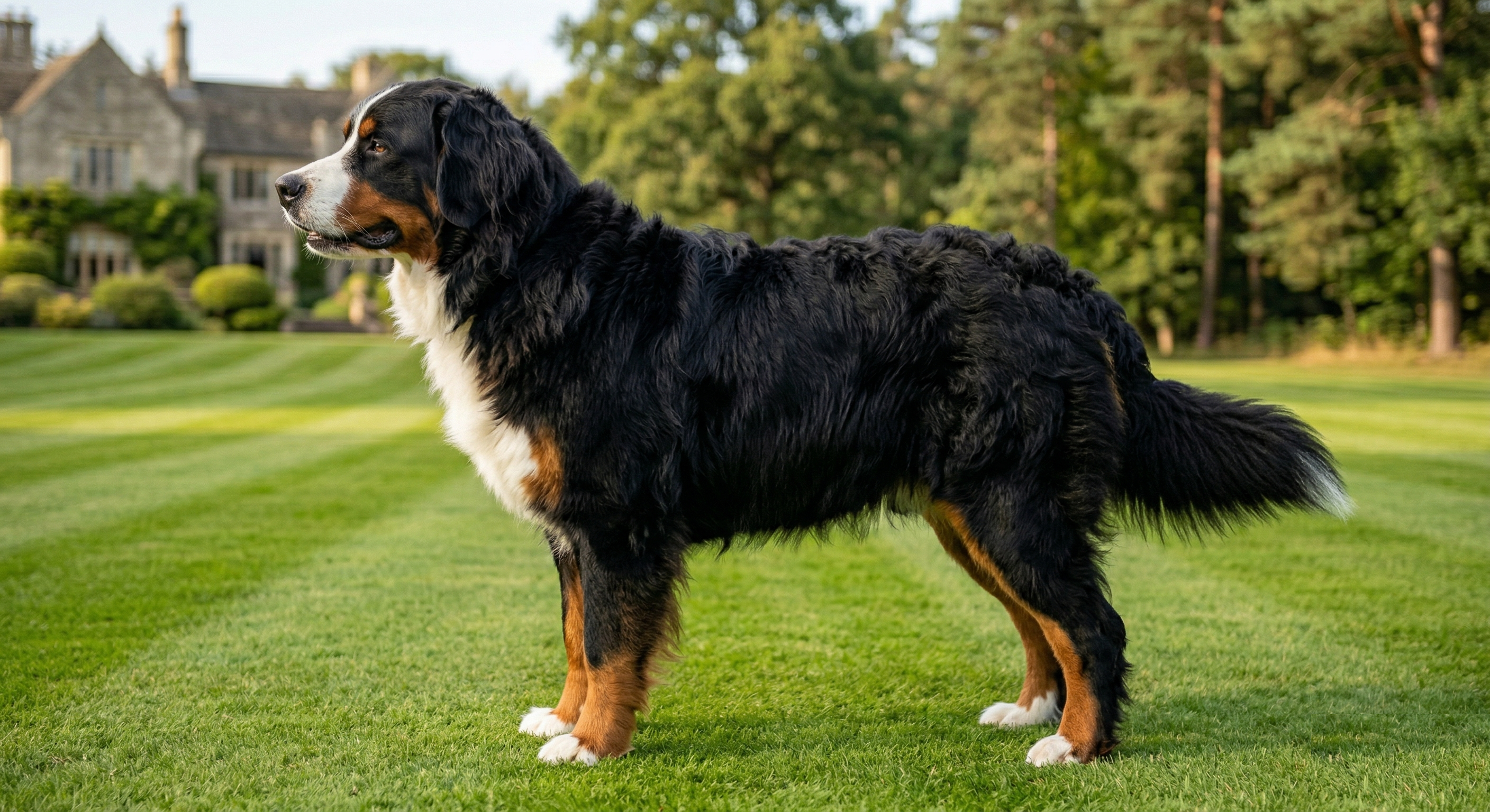 Bernese Mountain Dog standing outdoors
