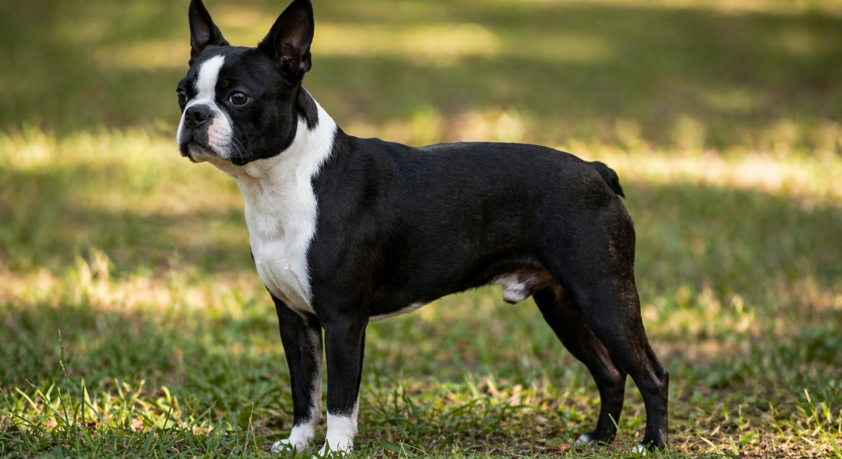 Boston Terrier standing in profile