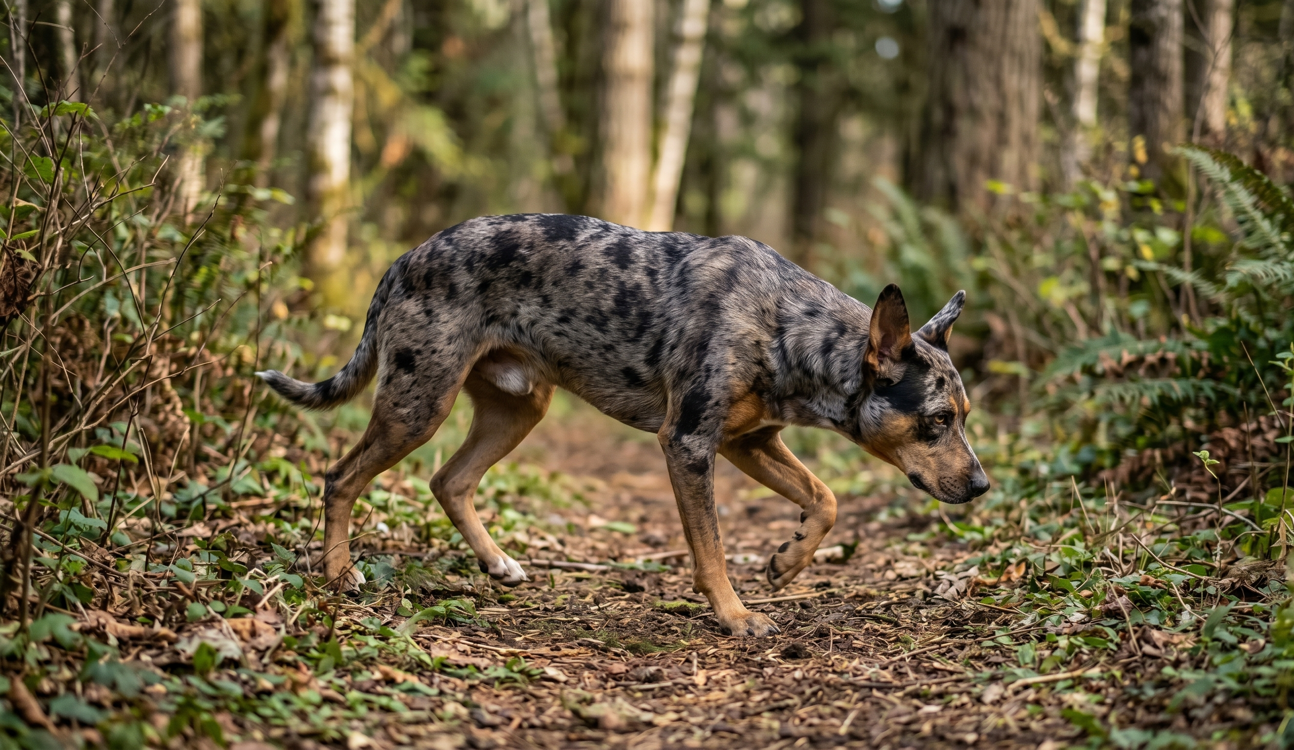Catahoula Leopard Dog moving through wooded terrain