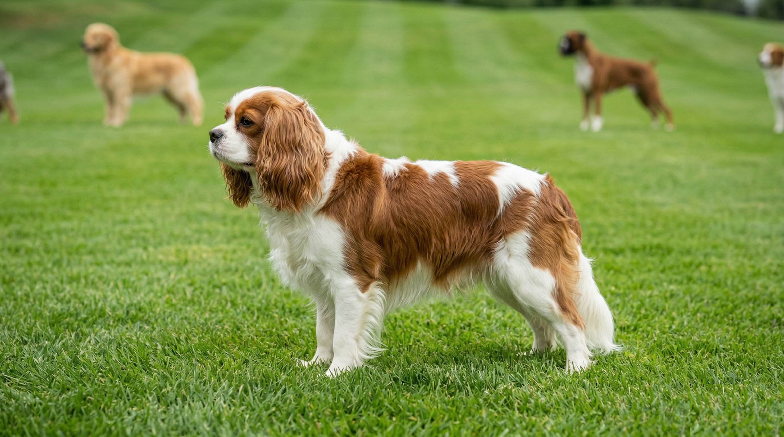 Cavalier King Charles Spaniel standing outdoors with flowing ears