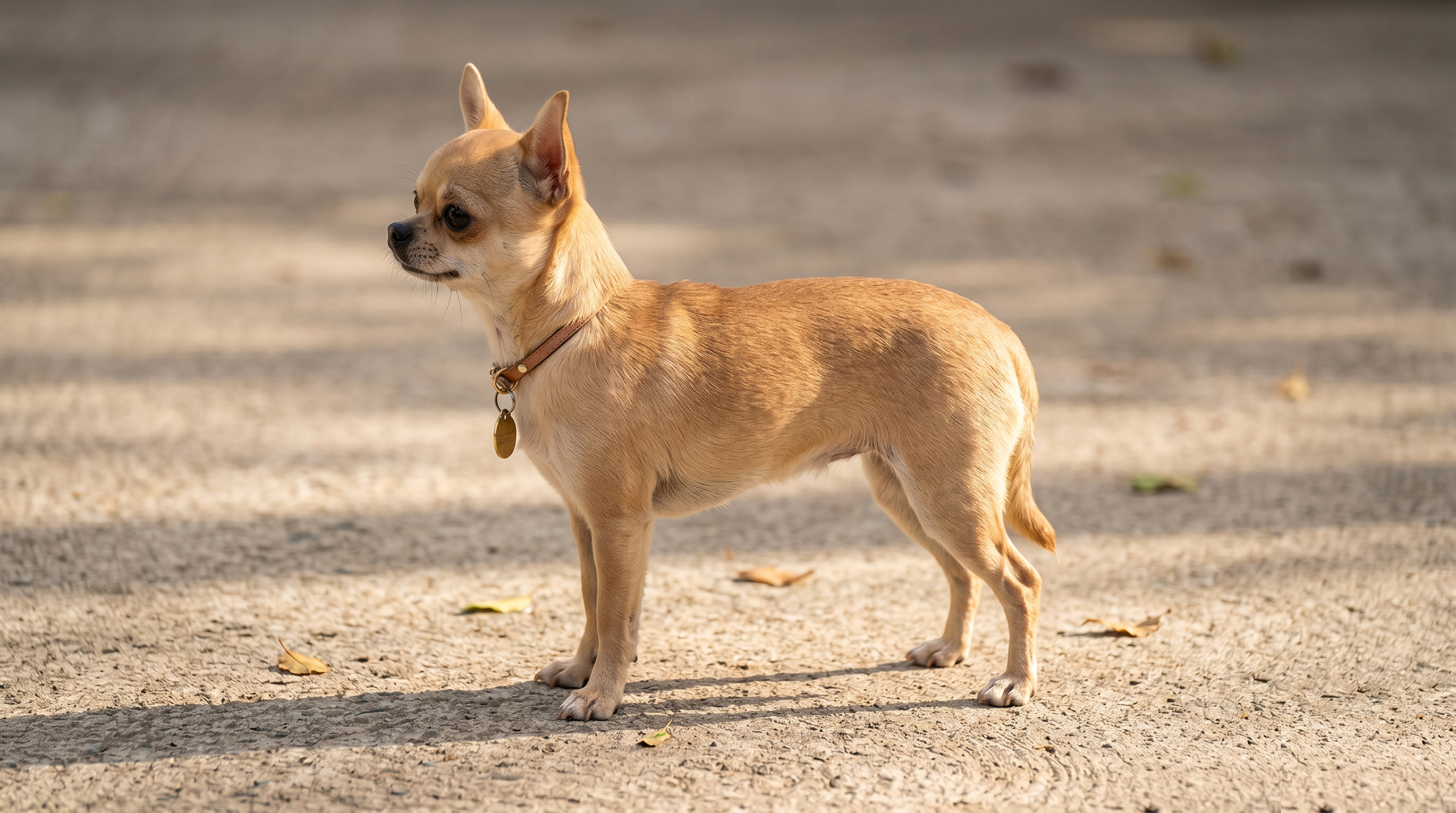 Smooth-coated Chihuahua with alert posture and upright ears