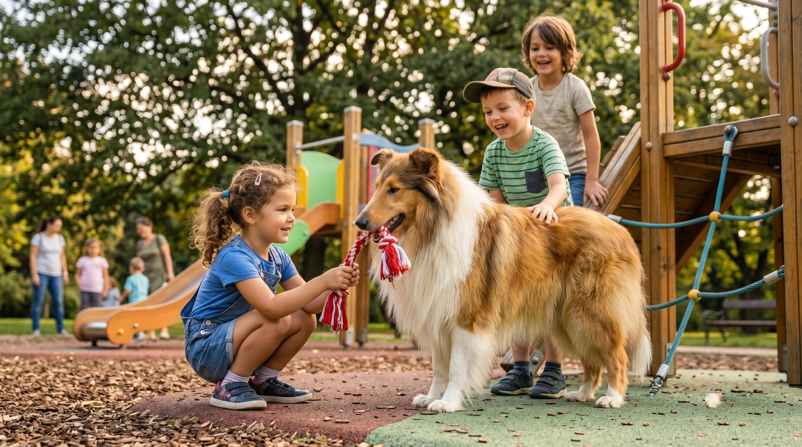 Collie playing with children outdoors