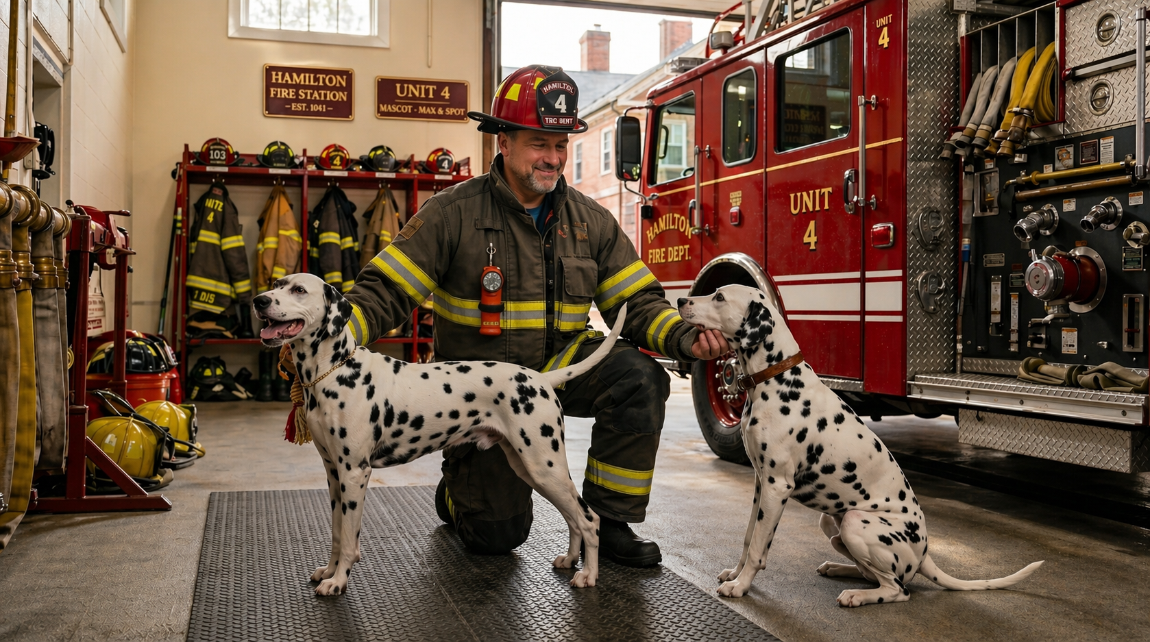 Dalmatian at a firehouse standing next to a fire truck