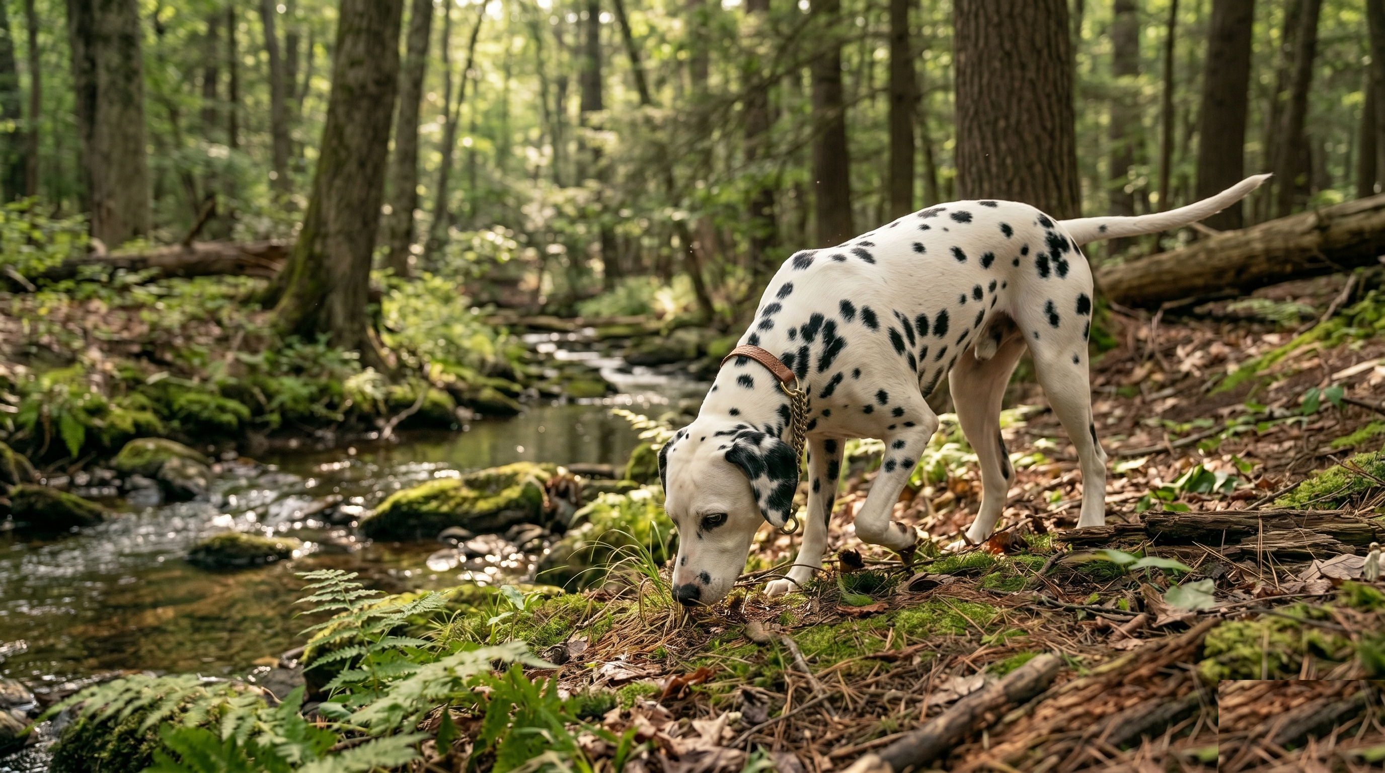 Dalmatian in the woods sniffing the ground