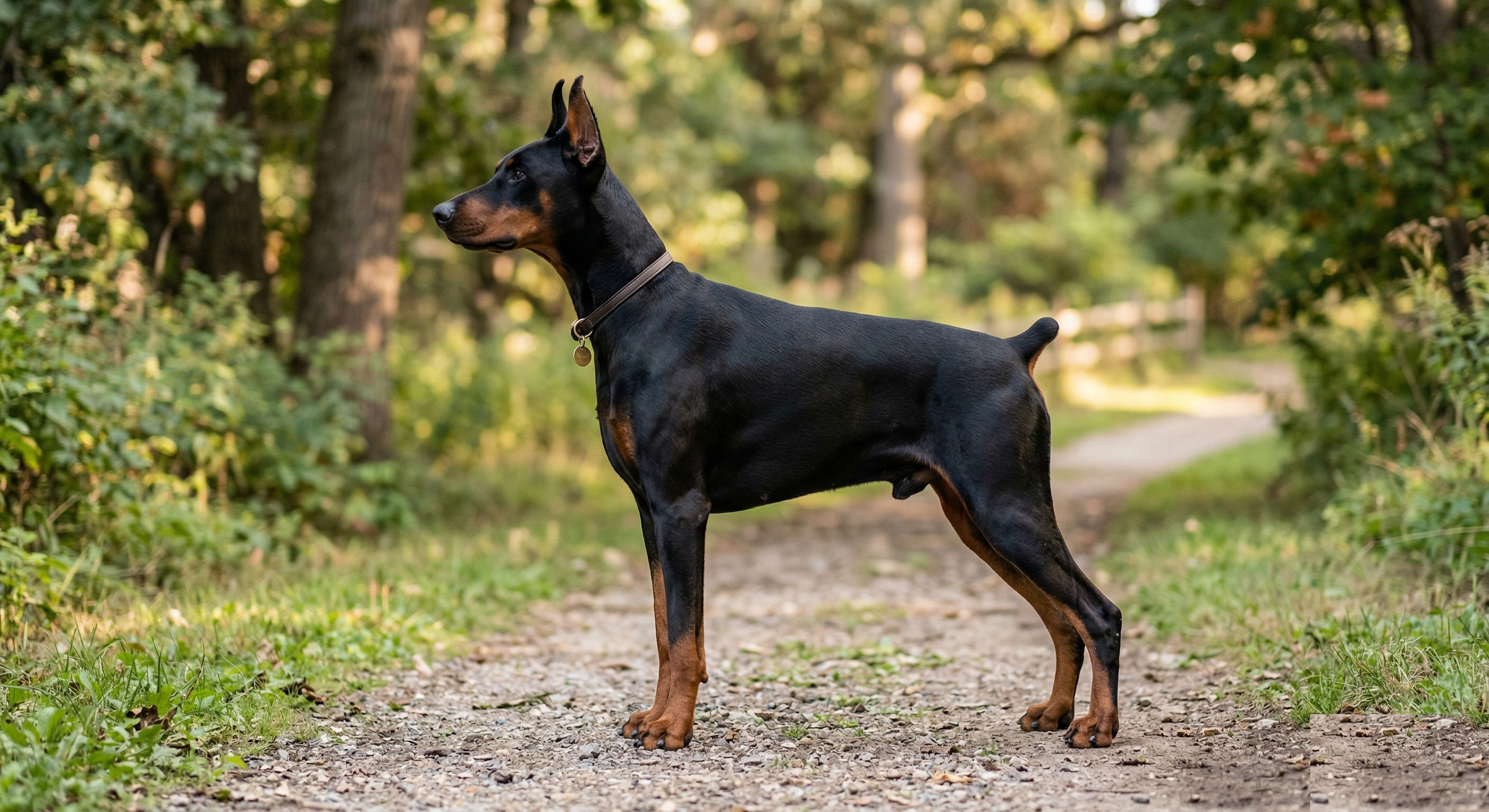 Doberman standing alert in profile