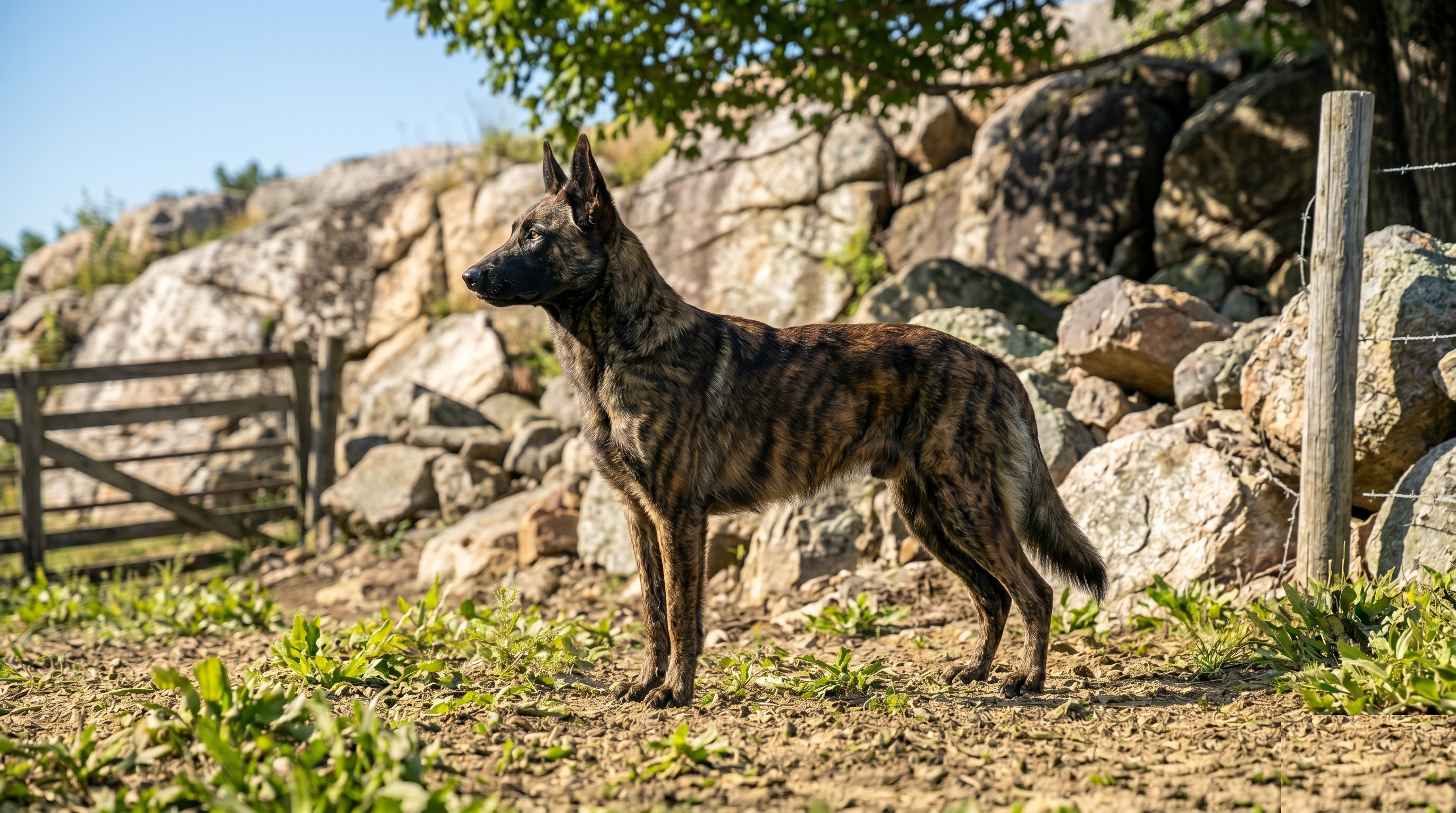 Dutch Shepherd standing in profile showing brindle coat