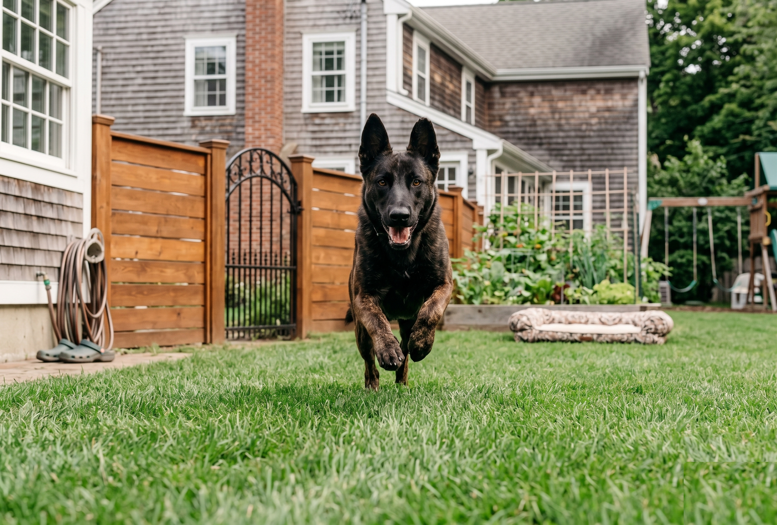 Dutch Shepherd running at full stride outdoors