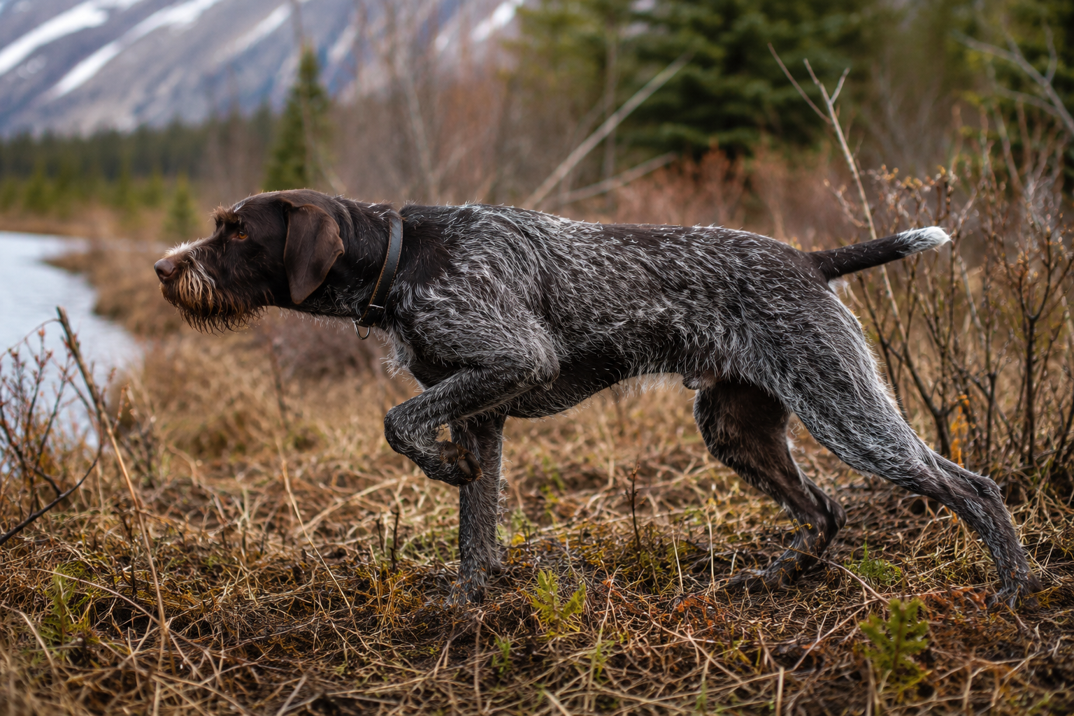 German Wirehaired Pointer holding a pointing stance in rugged field cover
