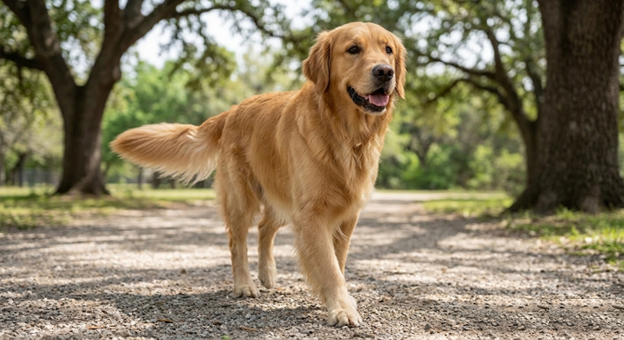 Golden Retriever running at full stride in a field
