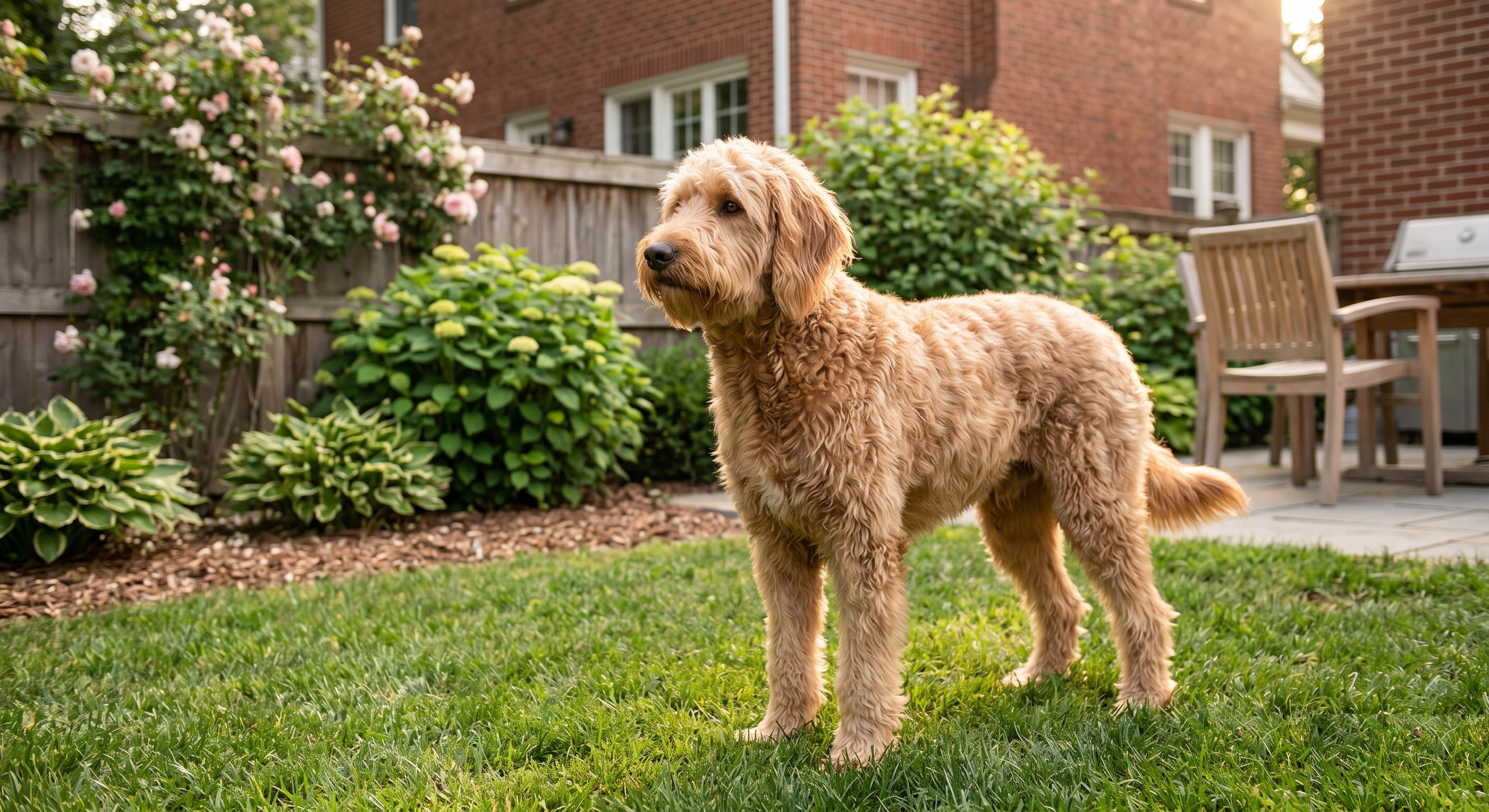 Goldendoodle standing outdoors
