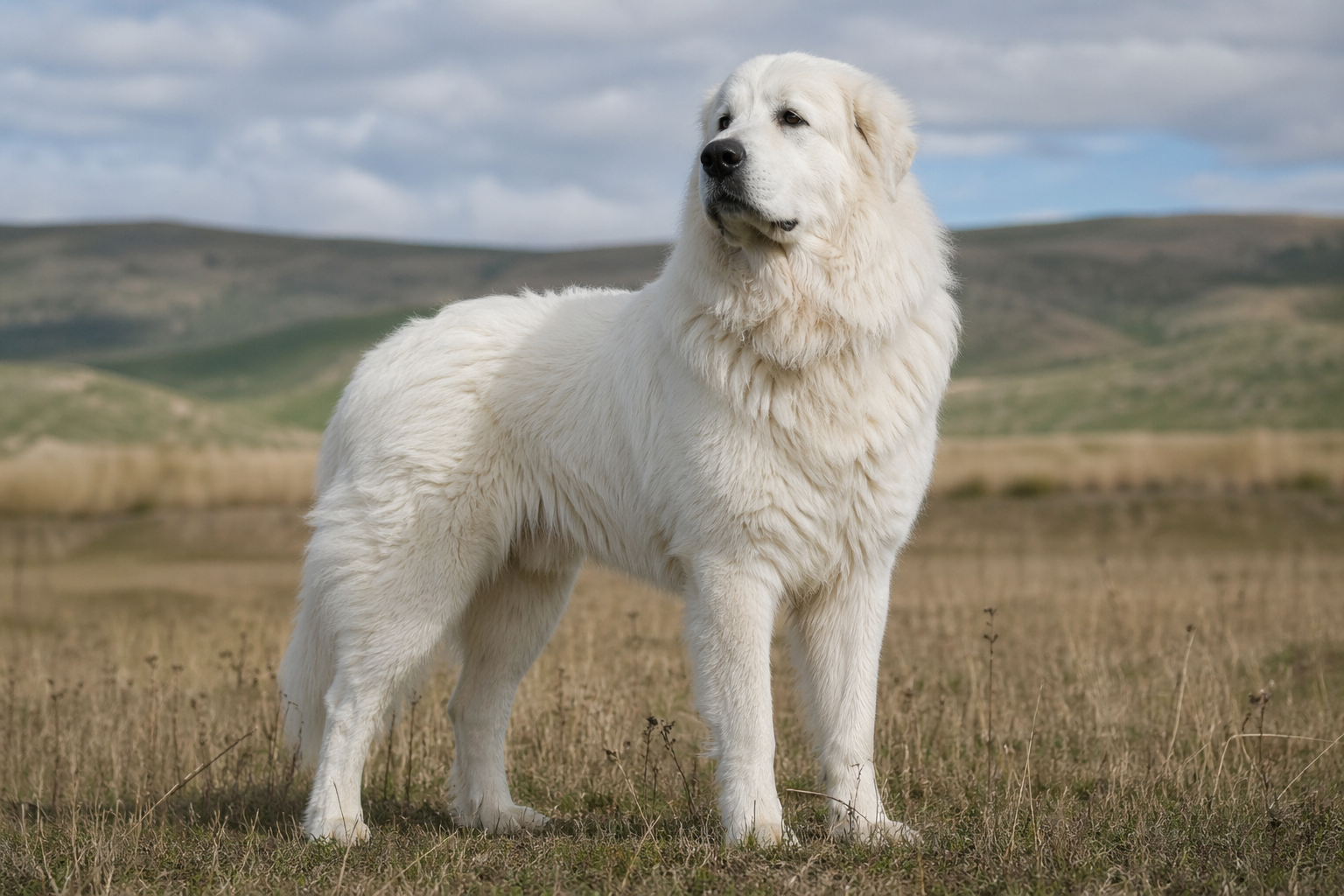 Great Pyrenees standing alert in an open field scanning the horizon