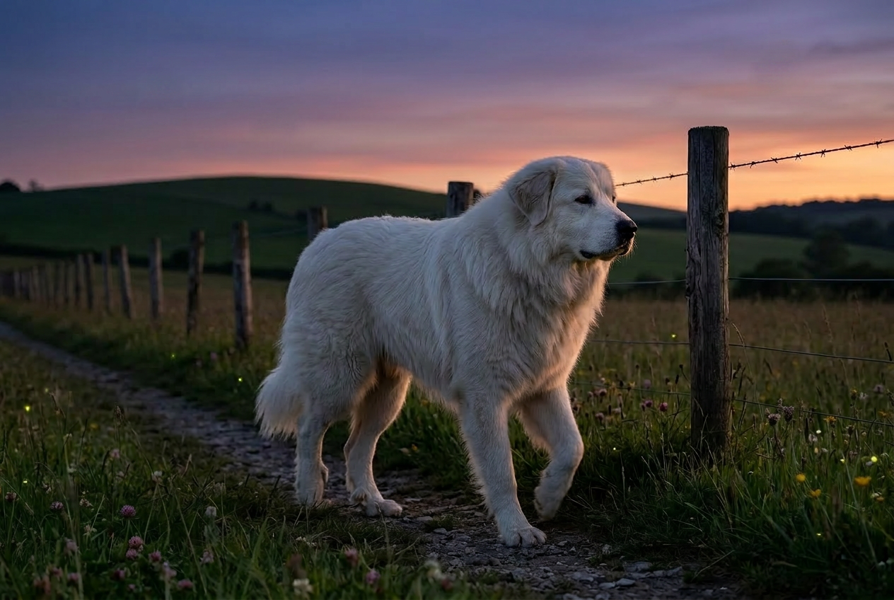 Great Pyrenees walking along a rural fence line at dusk