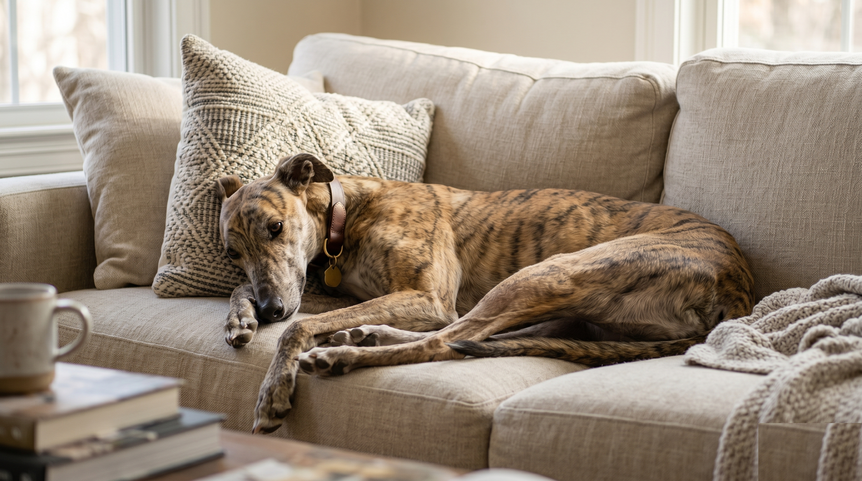 Greyhound resting on a couch