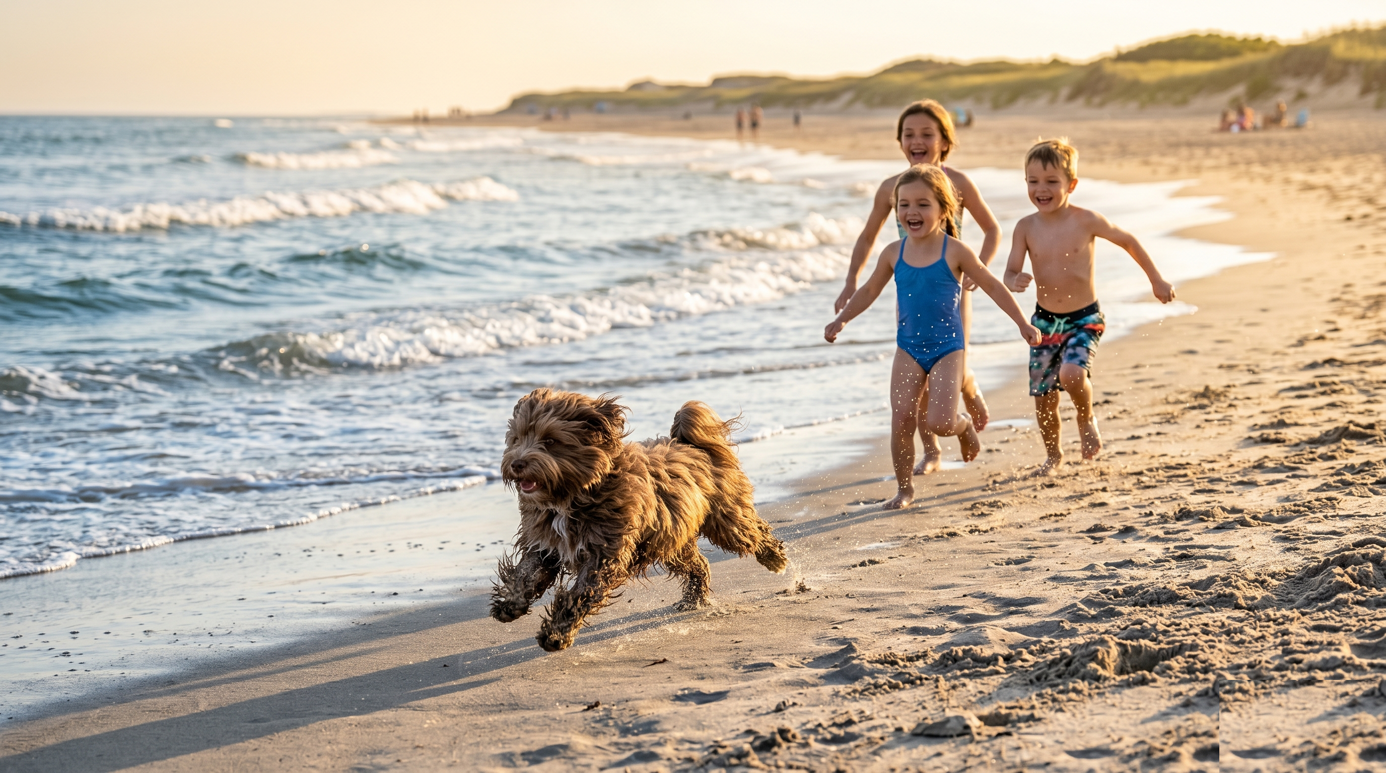 Havanese running along waves at the beach with children following behind