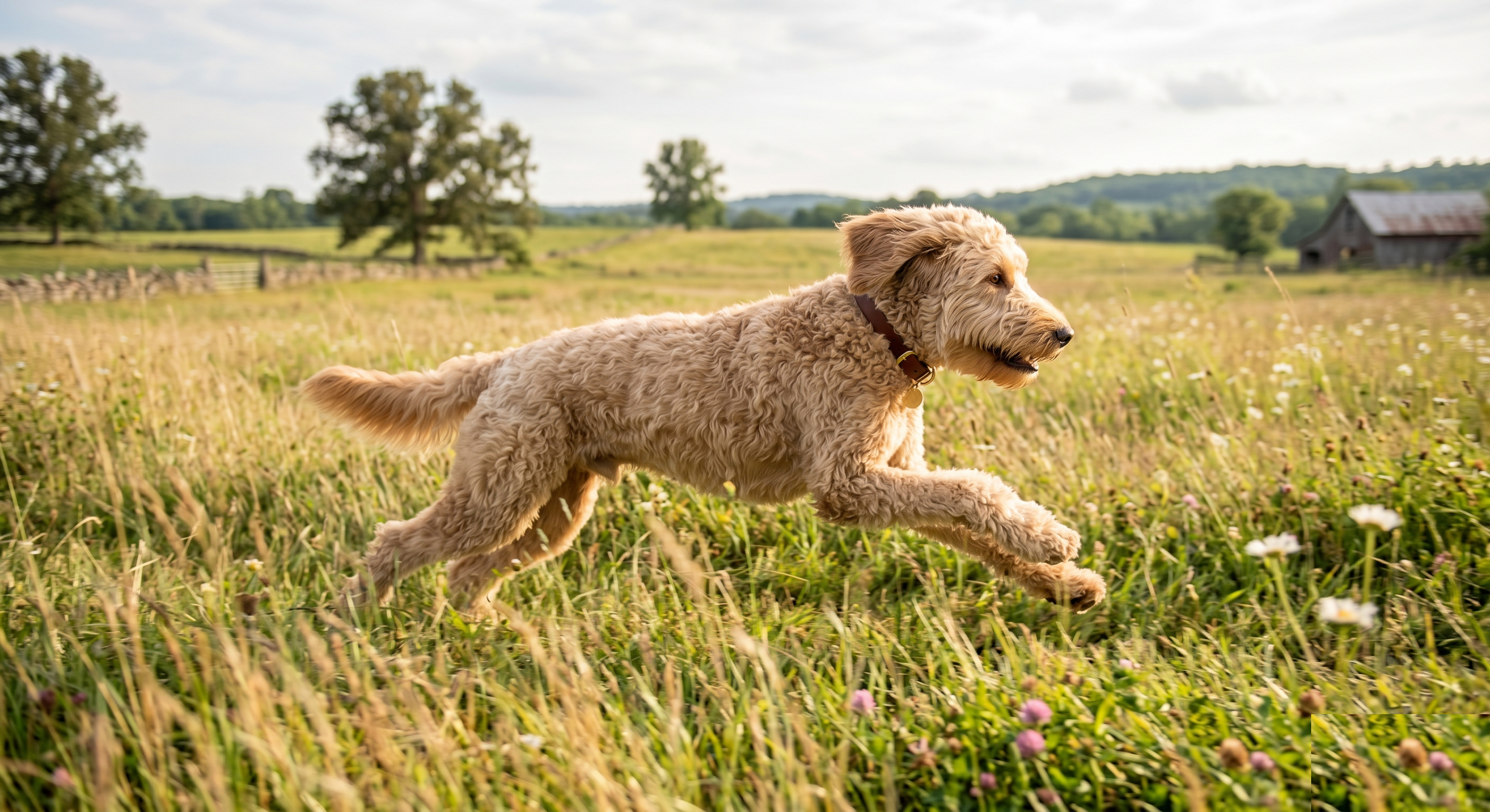 Labradoodle showing athletic movement and coat variation