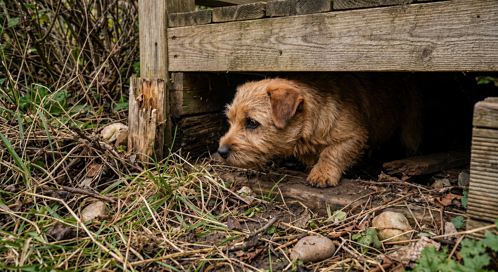 Norfolk Terrier near a shed, porch, or low outdoor structure