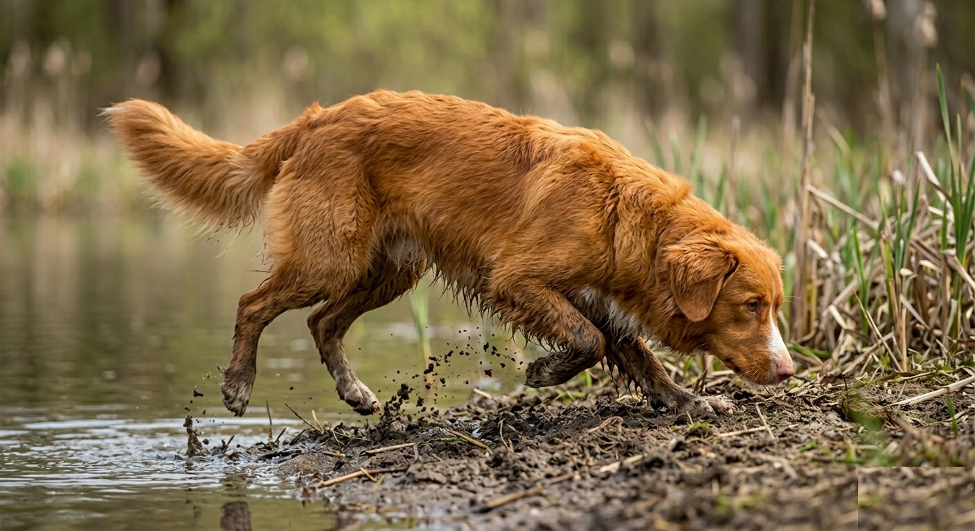 Nova Scotia Duck Tolling Retriever retrieving in an outdoor setting