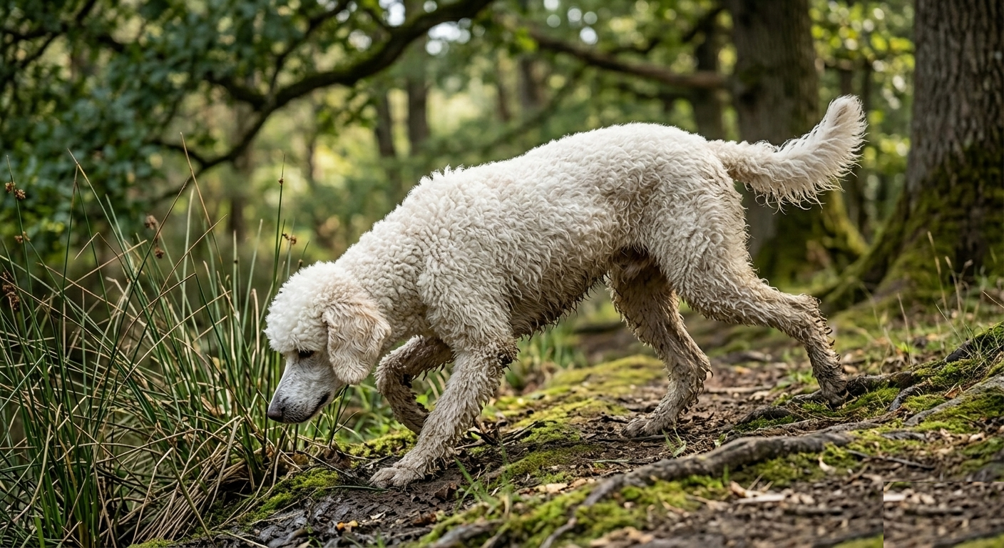 Standard Poodle running outdoors at full stride