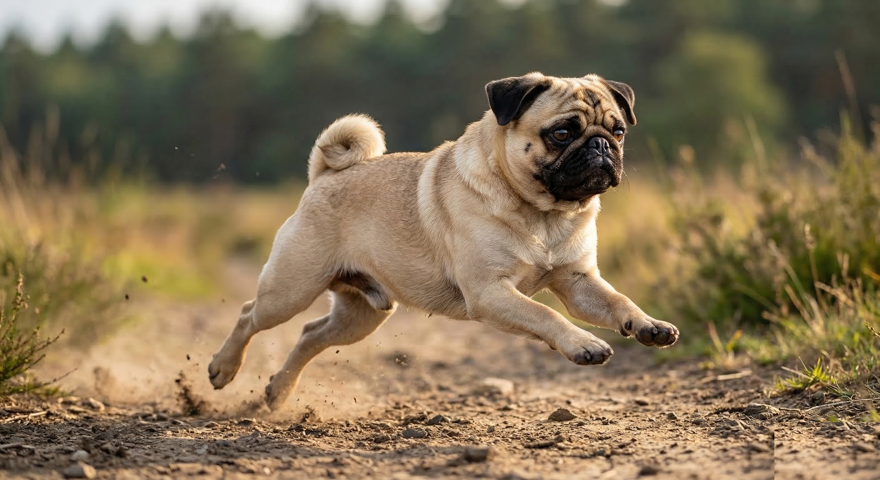 Pug in an active outdoor action shot