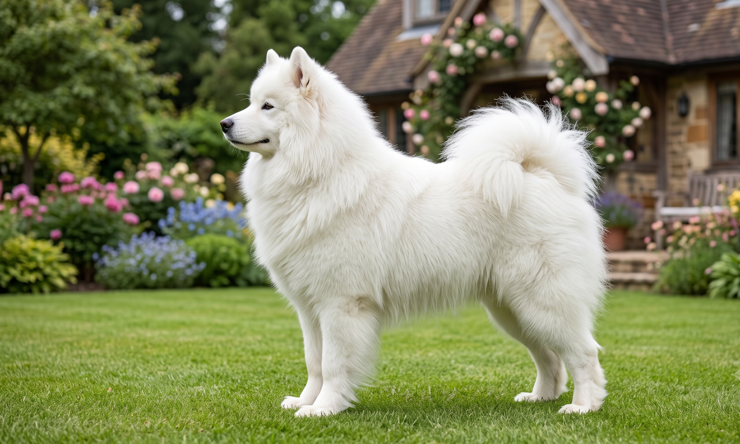 Samoyed standing in profile with a thick white coat and curled plumed tail