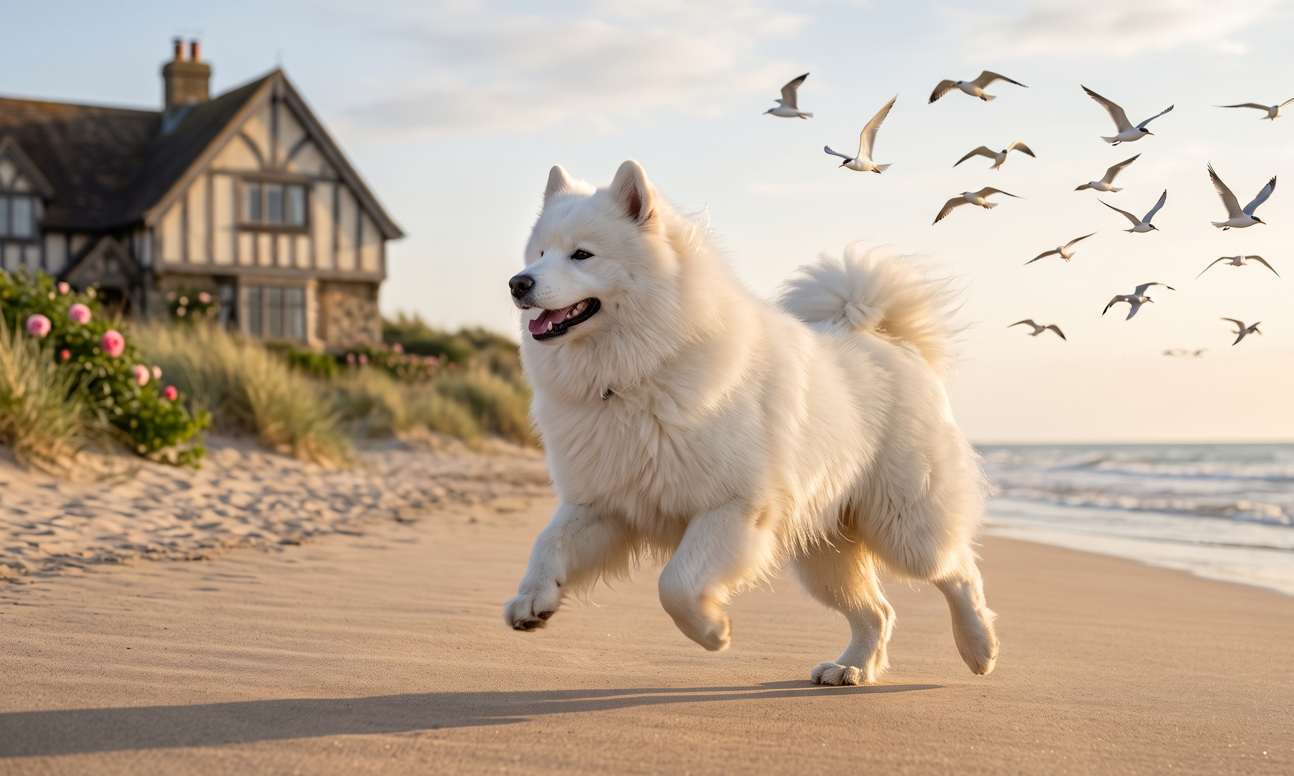 Samoyed moving across an open coastal landscape