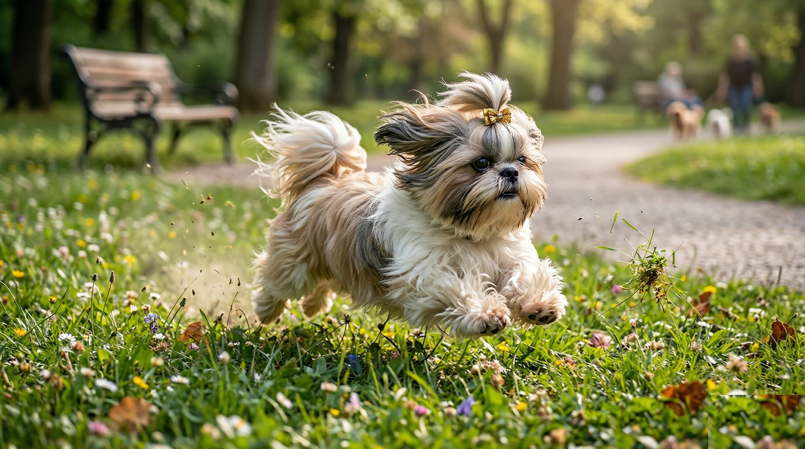 Shih Tzu outdoors in an alert but cautious stance