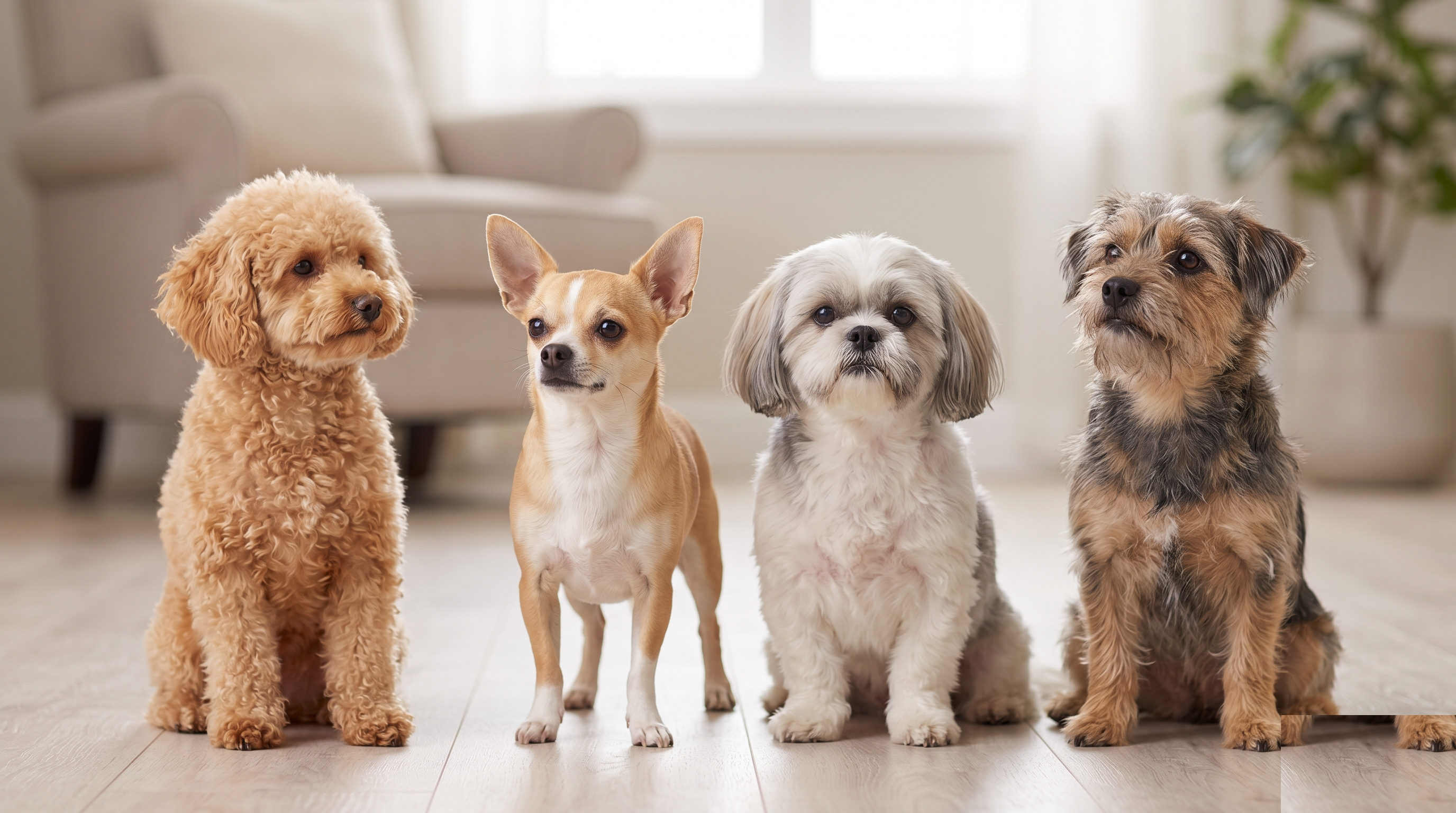 A group of small companion mix dogs with different coat types and body styles