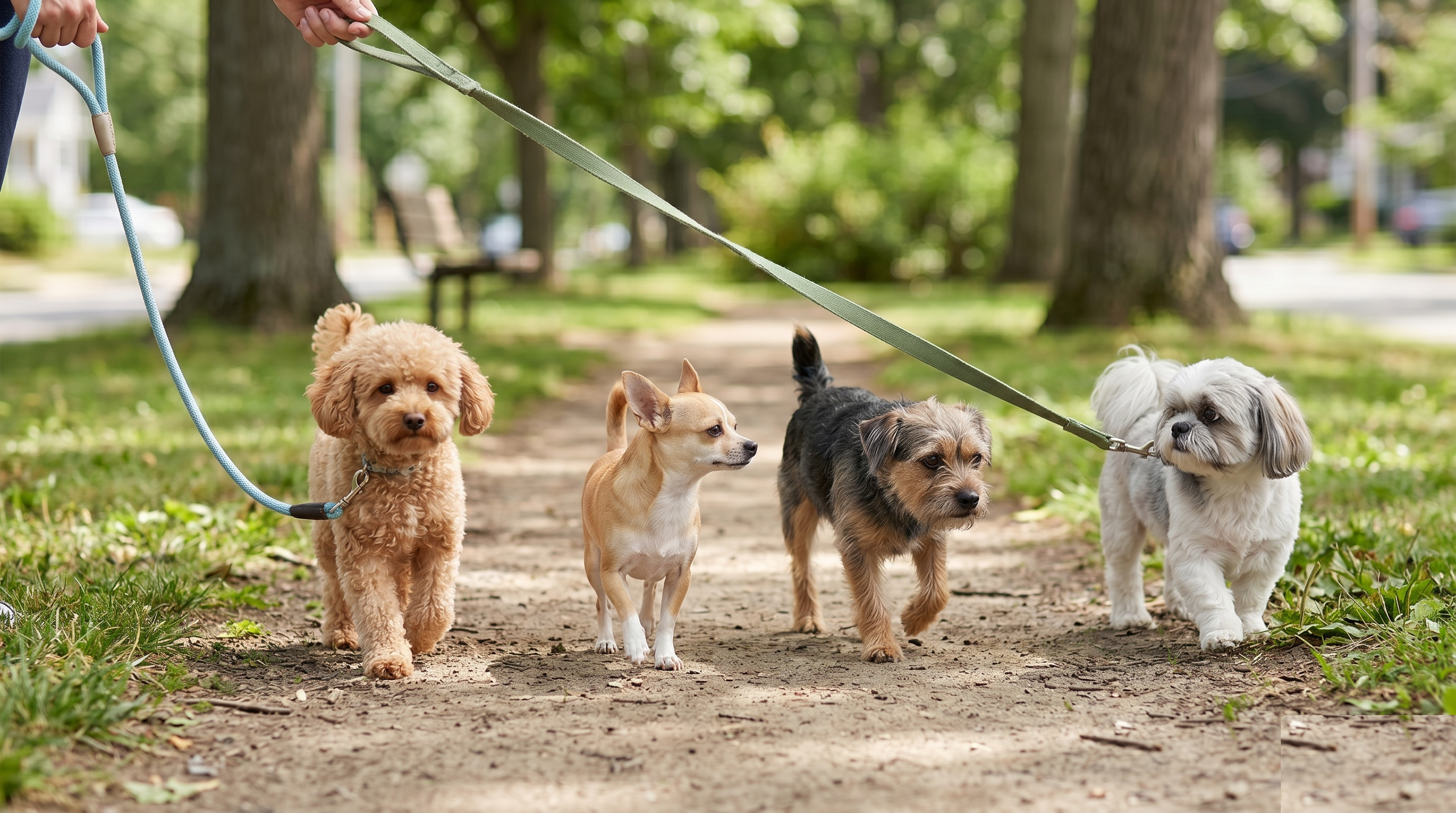 Small companion mix dogs moving through an outdoor environment