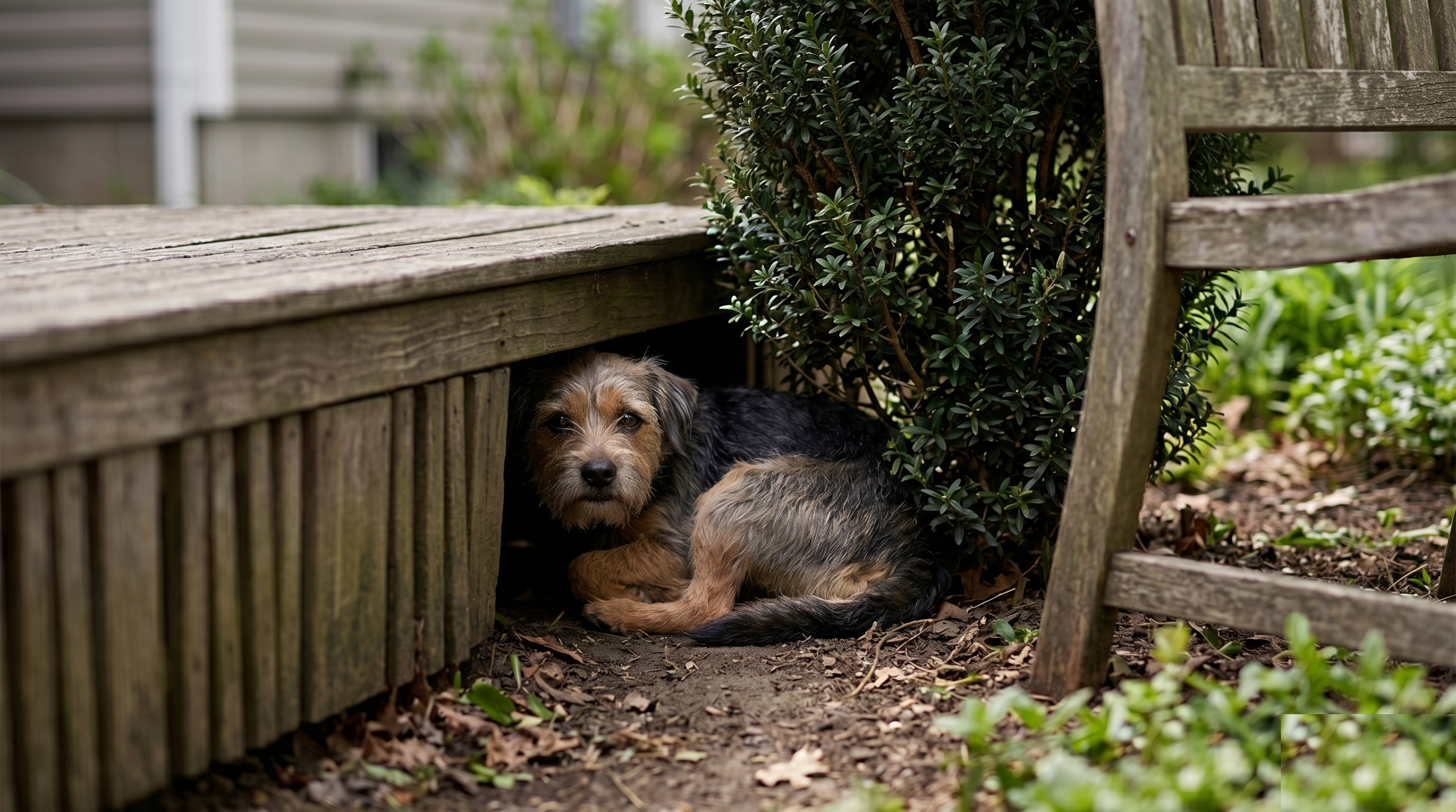 Small companion mix dog tucked into a hiding place outdoors