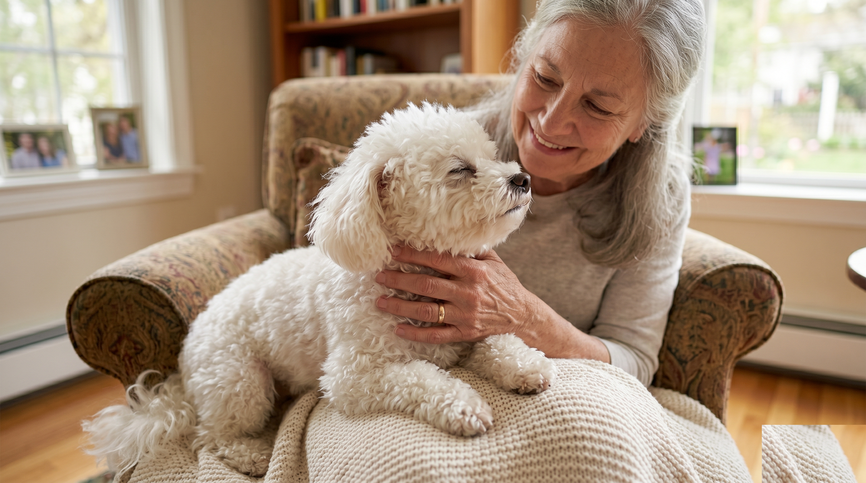 Small companion mix dog close to a human in a bonded companionship moment