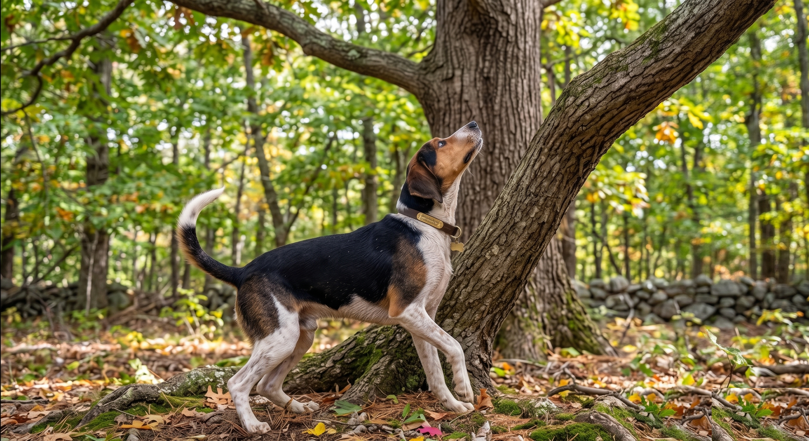 Treeing Walker Coonhound in a hunting position looking up at a tree