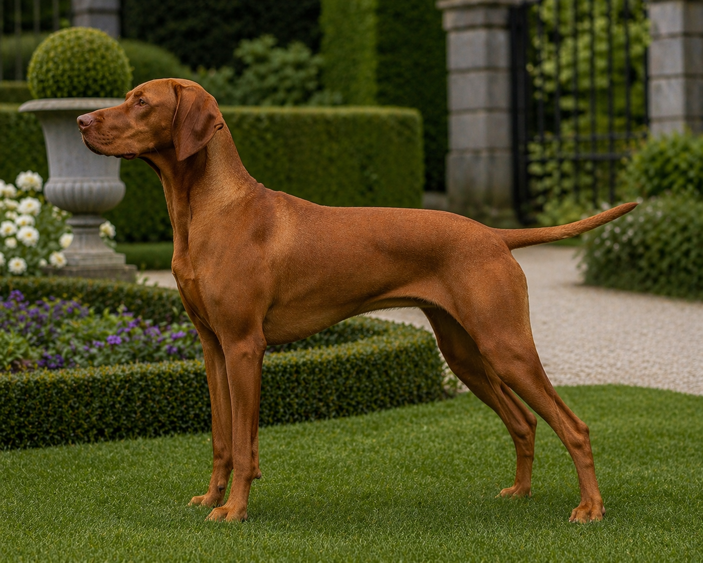 Vizsla standing in profile