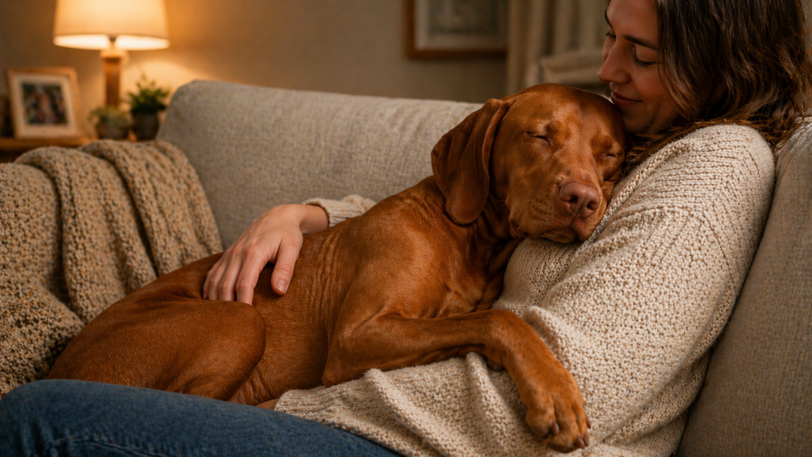 Vizsla resting on a couch or curled into a warm sheltered spot