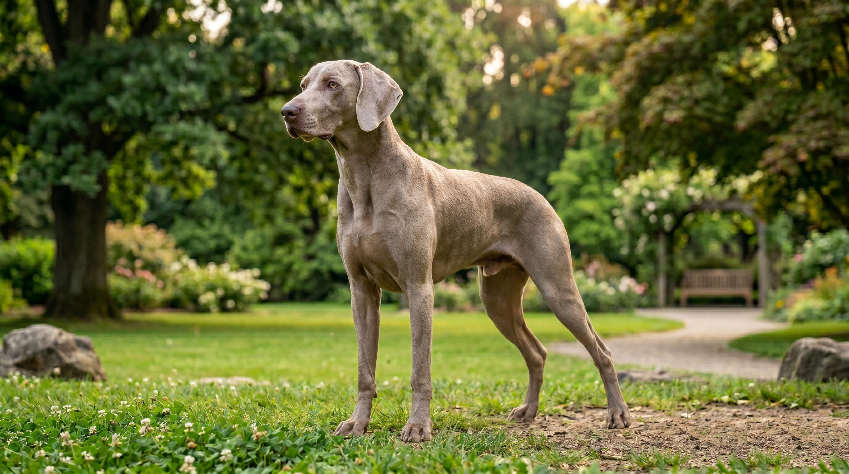 Weimaraner standing outdoors